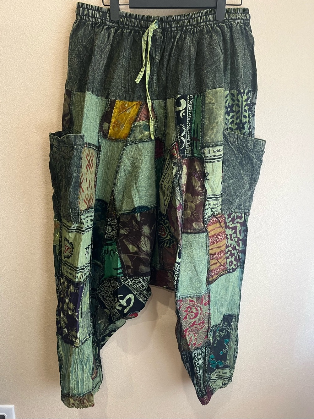 Women's Green Patchwork Harem Joggers with Drawstring Waist